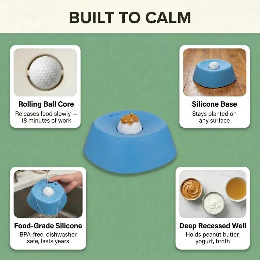 Drool Dome features: self-coating ball, hidden treat cup, wide stable base